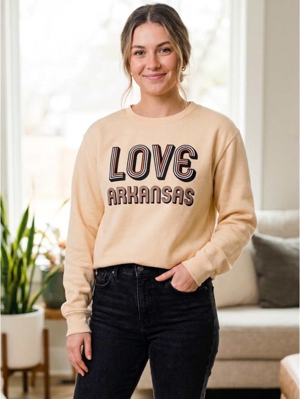 MAD Engine Love Arkansas Graphic Sweatshirt Yellow Crewneck Pullover Large